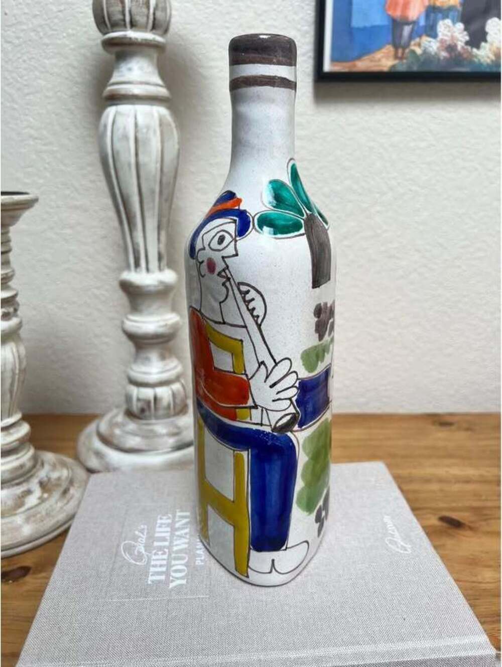 Desimone Ceramic Bottle Vase Colorful Figural Italian Hand painted Flute Player